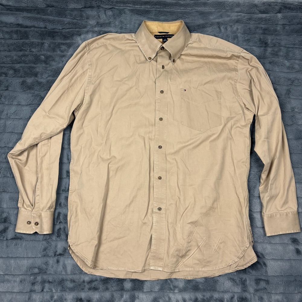 Tommy Hilfiger Mens Tan Khaki Cotton Button Down Shirt Long Sleeve Size L 7330